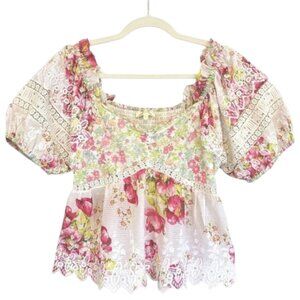 LoveShackFancy Prezia Embroidered Lace Floral Top White Designer XS